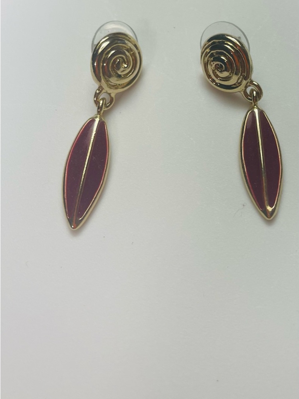 Vintage 90s Gold Drop Earrings with Burgundy Enamel Leaf Drops